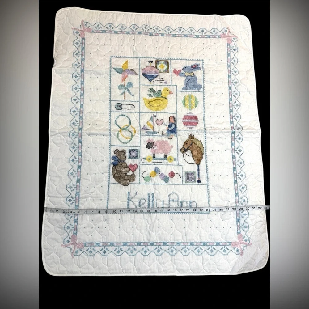 Hand Cross-Stitched Vintage Baby Blanket “Kelly Ann” Nursery Decor